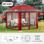 CROWN SHADES 13x13 Pop Up Gazebo with Mosquito Nettings, Patented Center Lock 6-Sided Portable Gazebo, 300D Silver-Coated Fabric UV Resistant, Pop Up Canopy Tent for Patio, Party, Red&Grey