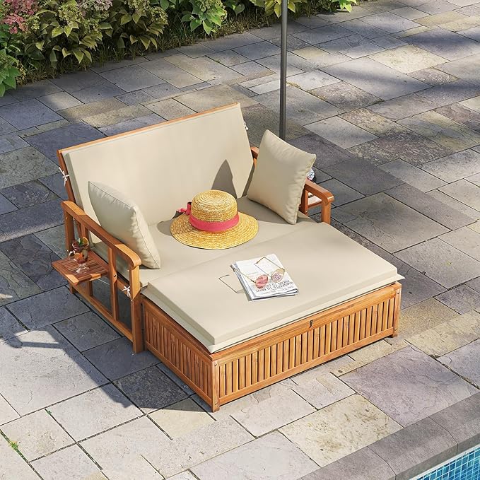 Tangkula Outdoor Acacia Wood Daybed with Storage Ottoman, Wood Patio Loveseat Sofa with 4-Level Backrest & Removable Cushions, 2 Folding Side Tables, Patio Recliner Lounger for Poolside, Backyard
