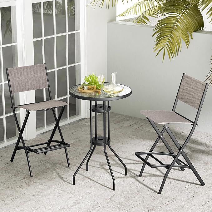 Folding Patio Bar Stools Set of 4, Coffee Metal Frame with Footrest