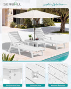 SERWALL Outdoor Coffee Table with 9FT Umbrella, HDPE Patio Coffee Table for Outside, Rectangle, White(Not Include Umbrella Base)