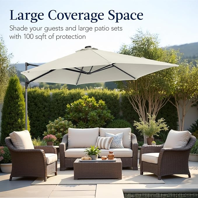 Best Choice Products 10ft Solar LED Offset Cantilever Hanging Market Patio Umbrella, Smooth 360° Rotation, 8 Sturdy Ribs, Easy Adjustment - Ivory