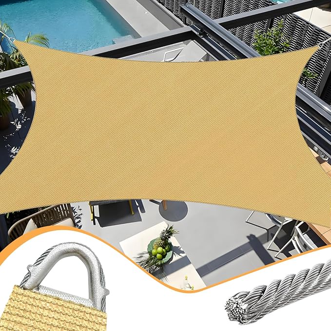 Sun Shade Sail Upgraded with High-Strength Steel Cable Edges 12' x 16' Sand Rectangle, Heavy Duty UV Blockage Outdoor Cover with Steel Wire Edges for Outdoor Patio Garden Backyard