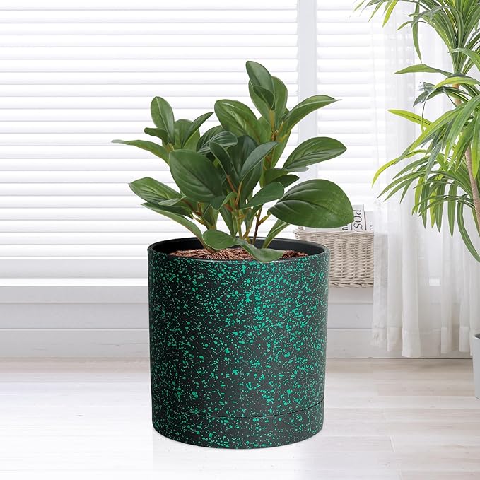 6/5/4 inch Plant Pots, 3 Pack Cylinder Flower Pots for Small Indoor Outdoor Plants, Plastic Planters with Drainage Holes and Saucers for Garden Succulent Plants, Black with Green Speckles