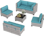 6-Seat Modular Patio Furniture Set – Outdoor Wicker Sectional Sofa with Thick 4″ Cushions, Dual-Strand PE Rattan, Rust-Resistant 18 mm Steel Frame, Backyard Garden Deck Lounge,Blue