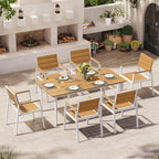 Aluminum Outdoor Dining Set for 6, Patio Table and Chairs Set with Umbrella Hole, 7 Pieces HDPS Outdoor Furniture Sets for Patio, Garden (White & Teak)