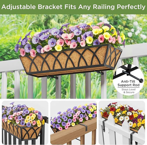 24 Inch Window Deck with Coco Liner, 24" Window Boxes Horse Trough with Coconut Coir Liner, Fence Metal Hanging Flower Planter Window Basket Deck Railing Planter Boxes for Outdoor Garden Lawn, 2pcs