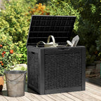 NEWBULIG 31 Gallon Outdoor Storage Box, Waterproof Deck Box with Lockable Lid, Patio Furniture Bench & Side Table, Easy Assembly, for Garden, Pool, Patio & Backyard Organization, Rattan Texture Black