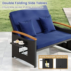 Tangkula Patio Rattan Daybed with 4-Level Adjustable Backrest, Outdoor Wicker Loveseat with Acacia Wood Armrest, Storage Ottoman & Folding Tray, Double Sunbed for Yard & Poolside (Navy & Black)
