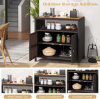 Tangkula Rattan Outdoor Storage Cabinet, Patiojoy Outdoor Cabinet with Acacia Wood Countertop, Open Compartment, 2-Door Wicker Sideboard, Outdoor Bar for Patio Garden Backyard Poolside (Mix Brown)