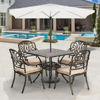 VINGLI 5-Piece Outdoor Patio Dining Set, Cast Aluminum All-Weather Outdoor Table and Chairs w/Cushion, Outdoor Furniture Set w/Umbrella Hole for Backyard Deck Poolside (Square, Elizabeth Back)