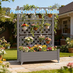 Mobile Garden Planter with Trellis & Lockable Wheels, Outdoor Raised Bed with Drainage & Water Gauge, Weather-Resistant Resin for Patio, Balcony, Yard, Dust-Resistant (Grey, 43.43*18.27*64.29)