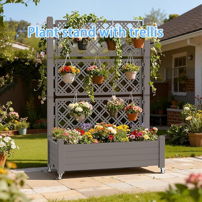 Mobile Garden Planter with Trellis & Lockable Wheels, Outdoor Raised Bed with Drainage & Water Gauge, Weather-Resistant Resin for Patio, Balcony, Yard, Dust-Resistant (Grey, 43.43*18.27*64.29)