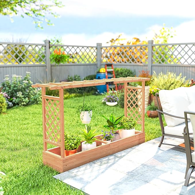 Outsunny Raised Garden Bed with Trellis, Wooden Planter Box with Hanging Roof and Drainage Holes, Outdoor Trellis Planter for Climbing Plants, Vegetables, Herbs and Flowers, 78.7" x 17.3" x 44.7"
