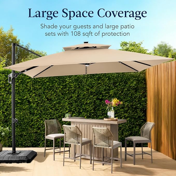 Best Choice Products 9x12ft LED Cantilever Patio Umbrella w/Base Included & 360° Rotation, Large Solar Offset Hanging Outdoor Sun Shade for Deck, Backyard Table w/Stand & Lights – Sand