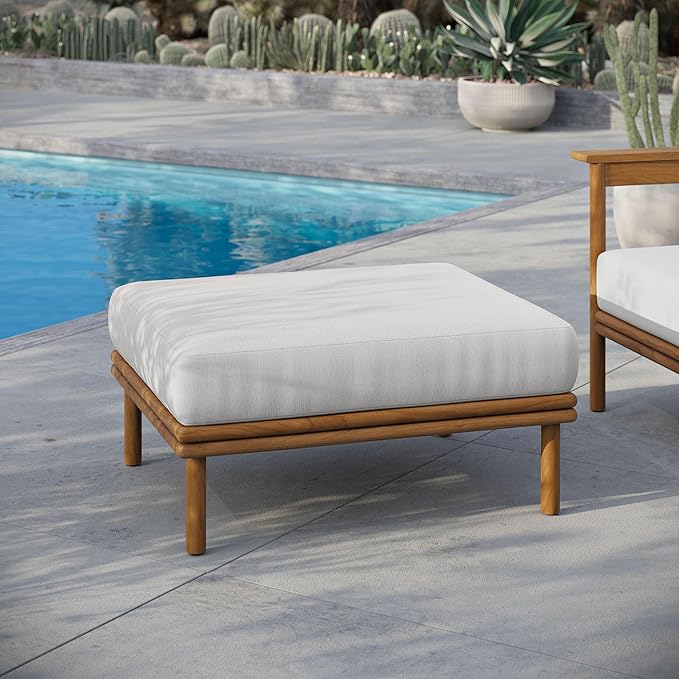Modway Wren Teak Wood Outdoor Ottoman in Natural Sail