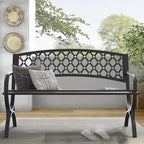 On Shine 50'' Patio Garden Bench, Loveseats Patio Park Bench,Black Steel Cast Iron Frame Bench,Metal Bench Outdoor for Porch Yard Lawn Deck (Grid)