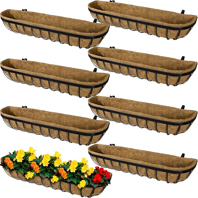 8 Pack 30 Inch Window Deck Railing Planter Boxes with Coconut Liner, Large Hanging Window Flower Boxes Metal Railing Planter for Balcony Fence Porch (8, 30 Inch)