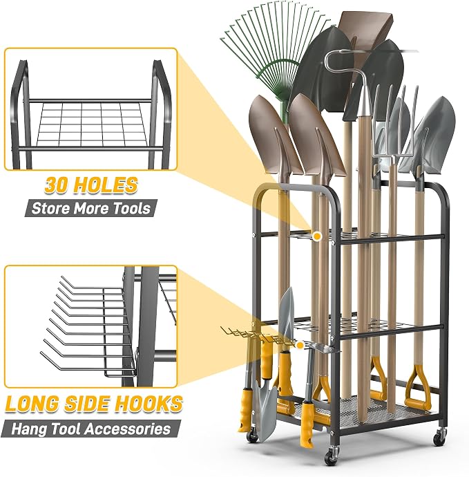 Storage Rack for Garden Tools, Black Alloy Steel with Lockable Wheels