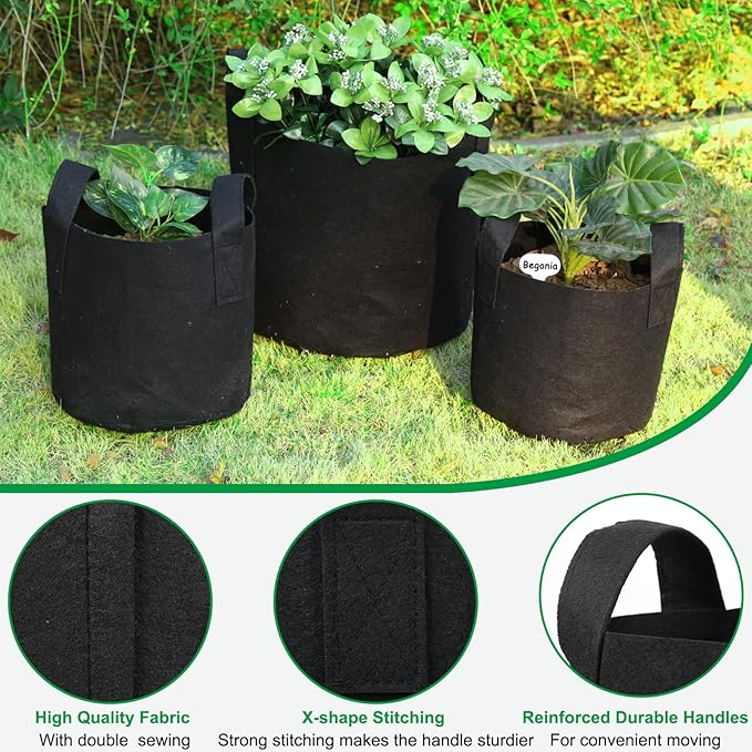 JERIA 12-Pack 25 Gallon Grow Bags, 300G Thickened Nonwoven Garden Pots,Heavy Duty Fabric Pots with Reinforced Handles