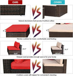 Tangkula 5 Pieces Patio Rattan Furniture Set, Outdoor Sectional Rattan Sofa Set with Back & Seat Cushions, Wicker Conversation Set with Tempered Glass Table for Backyard Porch Poolside (Red)