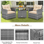 Tangkula 3 Pieces Wicker Patio Furniture Set, Outdoor Rattan Conversation Cushioned Chair Set with Tempered Glass Side Table, for Porch, Balcony and Garden