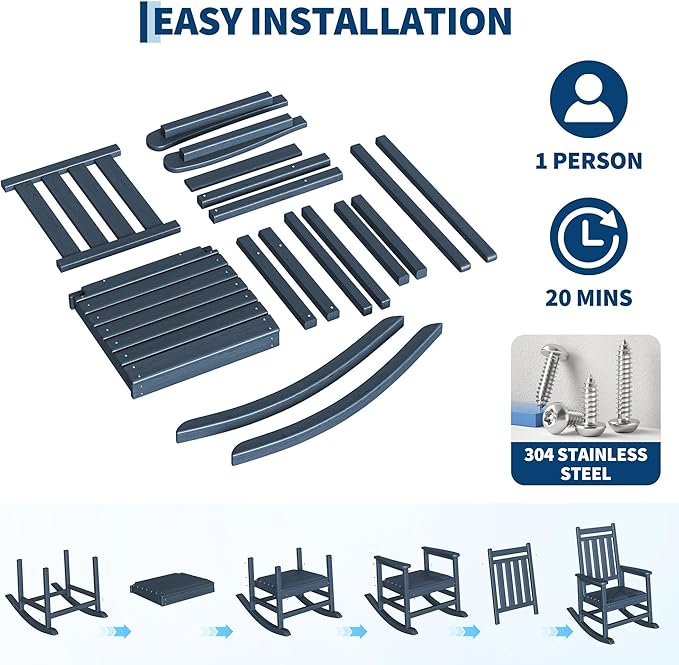 GarveeLife Poly Lumber Rocking Chair Outdoor Set of 2 - HDPE High Back Porch Rocker Chairs for Adults - All Weather Resistant Furniture for Patio - Navy Blue