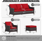 Joyside Wicker Patio Furniture Sets, 6 Pieces Upgraded Large Size Outdoor Furniture with Swivel Rocking Patio Chairs, Two 3-Seat Sofa, Outdoor Ottoman, Thick Cushions, Wide Armrest, Red