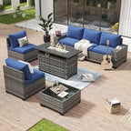 Aoxun 7 Piece Patio Furniture Set with Wide Armrests & 44” Fire Pit Table Wicker Rattan Outdoor Sectional Sofa Set with Coffee Table and Thickened Cushions, Gray/Blue(Waterproof Cover Included)