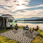 SAND MINE Waterproof Outdoor Rug 8x8 ft, Plastic Reversible Rug, Modern Area Rug, Large Floor Mat for Outdoors, RV, Patio, Backyard, Deck, Picnic, Beach, Camping, Black & Beige