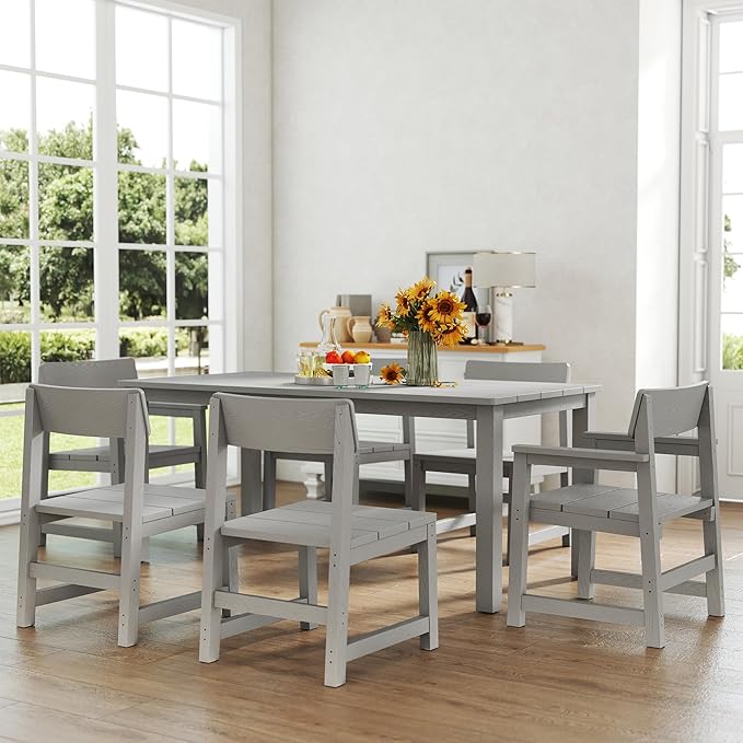 Patio Dining Sets 7 Piece HIPS Outdoor Dining Table Set with Umbrella Hole Table and 6 Chairs Furniture for Backyard Poolside Garden, Grey