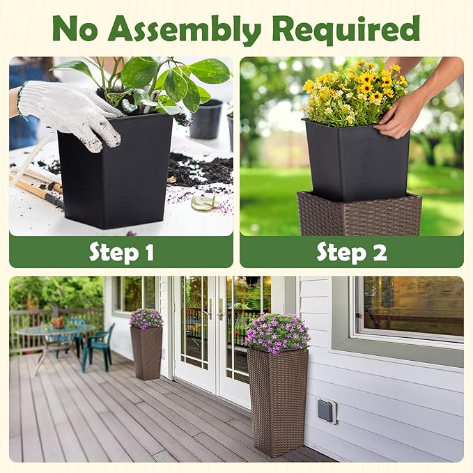 Idzo All Weather Wicker Planters for Outdoor Plants Set of 2, 24 inch Tall Planter for Front Porch, Patio, Balcony, Indoor Usage - Square Rattan Flower Pots, Mocha