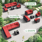 ALAULM Patio Furniture Set with Coffee Table, 7 Pieces Outdoor Sectional with Wide Seat and Thick Cushion, All Weather Wicker Rattan Conversation Set for Backyard, Garden, Deck, Red