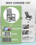 Oversized Outdoor Rocking Chair Set of 4, High Back Porch Rocker Chair, HDPE Rocking Chairs for Patio, Living Room, Light Grey