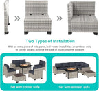 7 Pieces Outdoor Patio Furniture Set with 55,000 BTU Propane Fire Pit Table, PE Wicker Rattan Sectional Sofa Patio Conversation Set with Coffee Table, Dark Grey