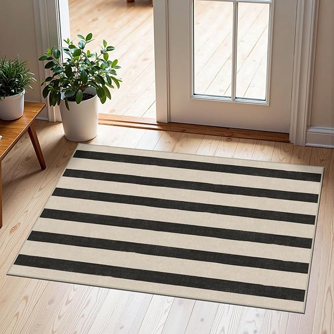 Outdoor Rug in Black and White Stripes, 2 x 3 ft Polyester