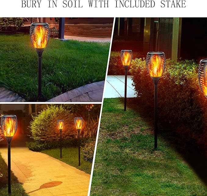 Solar Pathway Torches 4-Pack, 96 LEDs, 3 Flame Modes, 14-43 Inch Height
