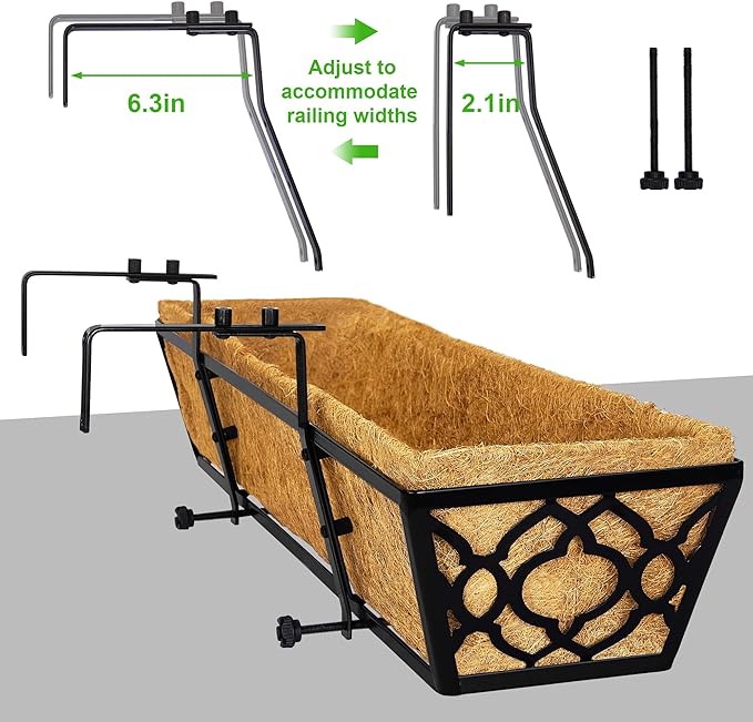 Y&M 24" Window Boxes Horse Trough with Coconut Coir Liner, 2pcs 24 Inch Window Deck with Coco Liner, Black Metal Hanging Flower Planter Window Basket Deck Railing Planter Boxes for Outdoor Indoor Lawn