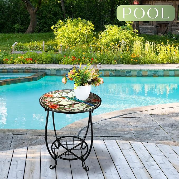 Outdoor Side Table Round Small Mosaic Patio Accent Indoor End Plant Coffee Tea Table for Yard Patio Porch Garden Living Room, Bedroom(Hummingbird A Style,14 Inch)