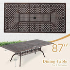 87" Cast Aluminum Outdoor Dining Table – Rectangular Red Copper Patio Table with Strawberry & Leaf Design, 2" Umbrella Hole, Weather-Resistant for Garden, Backyard, and Lawn