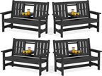 SERWALL Outdoor Bench with Cup Holder, 58" HDPE Garden Park Bench Suitable for 3 Person, All Weather Patio Benches with High Backrest and Wide Armrests for Garden, Park, Yard, Front Porch, Black