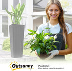 Outsunny 32 Inch Tall Planters for Outdoor Plants, Set of 2 Plastic Rattan-Like Flower Pots with Drainage Holes, Stackable Tapered Planters for Indoor Plants, Front Porch, Black