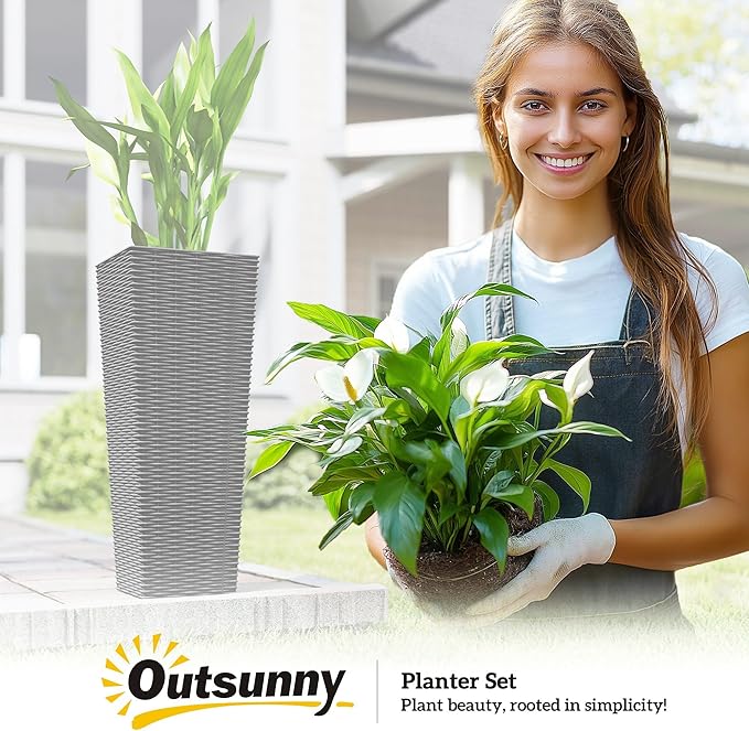 Outsunny 32 Inch Tall Planters for Outdoor Plants, Set of 2 Plastic Rattan-Like Flower Pots with Drainage Holes, Stackable Tapered Planters for Indoor Plants, Front Porch, Black
