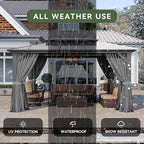 Aoxun 10'x14' Hardtop Gazebo, Aluminum Frame Permanent Pavilion with Curtains and Netting, Outdoor Polycarbonate Double Roof Canopy, Gray