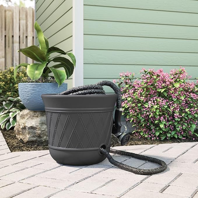 Suncast Lattice Hose Pot for Outdoor Garden Storage, Peppercorn - Holds 300 ft Expandable or 50 ft Standard 5/8" Vinyl Hoses, Resin Hideaway Organizer with Drainage and Water Supply Port