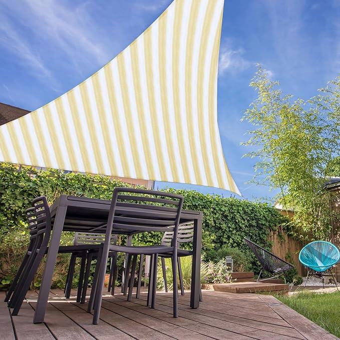 E&K Sunrise 21' x 21' x 21' Sun Shade Sail Triangle Canopy Shade Cover UV Block for Patio Backyard Garden Outdoor (Beige White Strip)