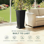 Tall Black Planters Outdoor Set of 2, Large Outdoor Tall Planters Pots with Tray, Modern Tapered Flower Planter for Front Porch, Patio, Garden (24", Ribbed)