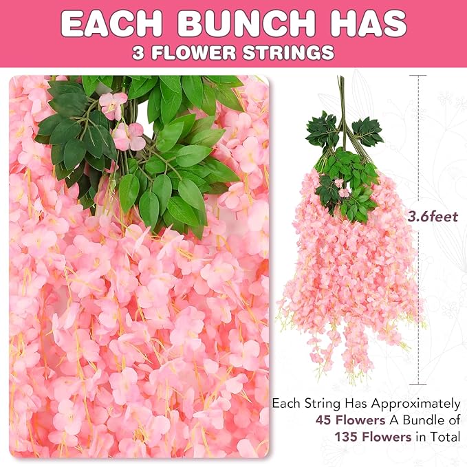 Artificial Wisteria Vines, 108 Pink Hanging Flowers, 3.6 Ft Length