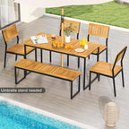 Tangkula 6 Pieces Outdoor Acacia Wood Dining Set, Patio Table and Chairs Set with Bench and 2” Umbrella Hole, Outdoor Patio Dining Furniture Set for Lawn, Garden, Poolside, Backyard