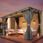 AECOJOY 12' x 8' Gazebo Outdoor Pergola with Curtains and Netting, 8'x12' Hard Top Lean to Pergolas and Gazebos Clearance with Patio Roof, Large Wall-Mounted Heavy Duty Awnings for Patio, Decks