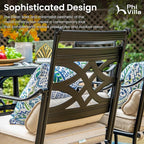 PHI VILLA 5 Pieces Outdoor Dining Set for 4, 42" Square Brown Metal Table & Wrought Iron Swivel Chairs, All Weather Large Outside Furniture with Cushions & Pillows for Patio, Deck, Porch